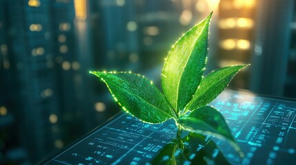 a glowing graph showcasing green bonds and sustainable investment growth close up, focus on data vibrant, overlay with a financial district backdrop