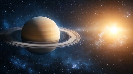 Ringed planet floats in cosmic backdrop filled with stars and nebulae