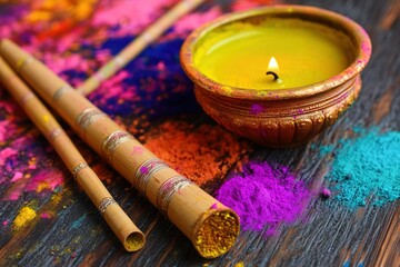 happy holi celebration with colors, cley lamp and bamboo flute symbolizing hindu god krishna. Holi or dol yatra is widely celebrated across india as festival