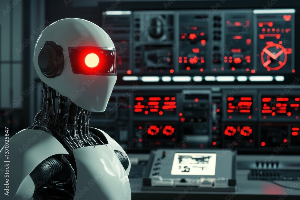 Aufkleber advanced humanoid robot with glowing eyes in a high-tech control room setting