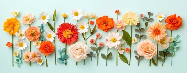 Obraz premium A vibrant arrangement of various flowers in bright colors, showcasing nature's beauty in detailed blossoms and greenery.