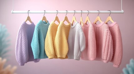 A white clothing rack displays neatly hung pastel clothes on wooden hangers, showcasing soft hues in a visually appealing fashion and retail display
