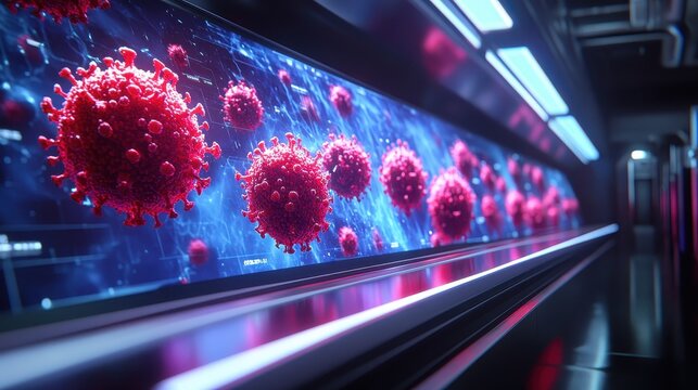 a digital timeline of global vaccination success displayed on an interactive screen close up, focus on progress vibrant, manipulation in a modern research center