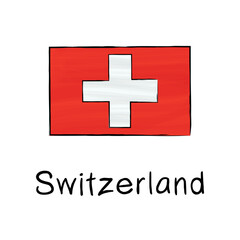 Obraz premium Flag of Switzerland with outline and signature on a white background. Hand-drawn vector illustration in sketch style. Isolated image, perfect for posters, web design, infographics, prints