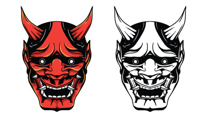 Collection oni mask Japanese culture with horned red mask vector colored and monochrome style illustration