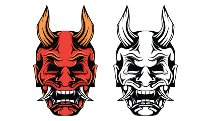 Collection oni mask Japanese culture with horned red mask vector colored and monochrome style illustration