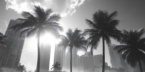 Cinematic black and white Miami skyline featuring palm trees, with sunlight streaming through towering skyscrapers, creating a hyperrealistic urban scene.