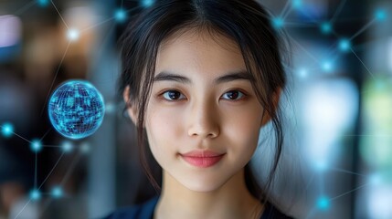 a young person studying at a laptop with a holographic globe and icons of remote tools close up, focus on progress futuristic, fusion in a cozy home office