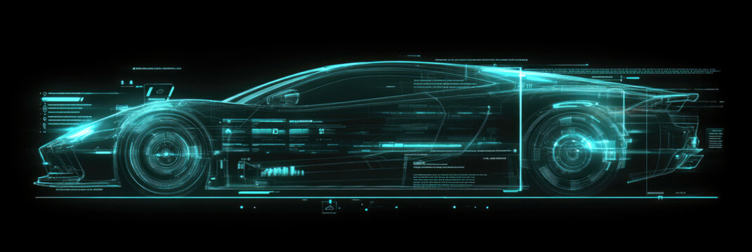 High-tech blueprint hologram of a sports car, side view in neon blue light on a black background, symbolizing automotive innovation, digital engineering, futuristic design, and smart mobility systems