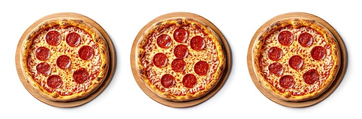 Three photorealistic images of pepperoni pizza on a wooden board, captured from a top-down perspective against a clean white background. Perfect for food-related content.