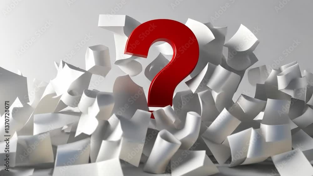 Aufkleber red question mark standing out amongst white crumpled papers symbolizing uncertainty, inquiry, and s