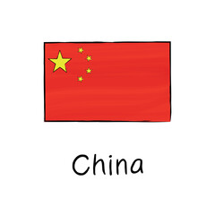 Flag of China with outline and signature on a white background. Hand-drawn vector illustration in sketch style. Isolated image, perfect for posters, web design, education, infographics, prints
