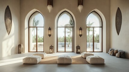 Relaxing interior with pillows, arched windows, and tropical view