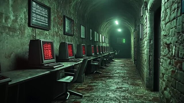 Dark computer tunnel, retro tech, empty corridor, digital aesthetic,  background for gaming, movies, or design