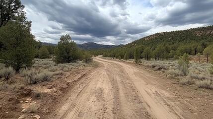 A long dirt road winding through a landscape with trees and a cloudy sky.