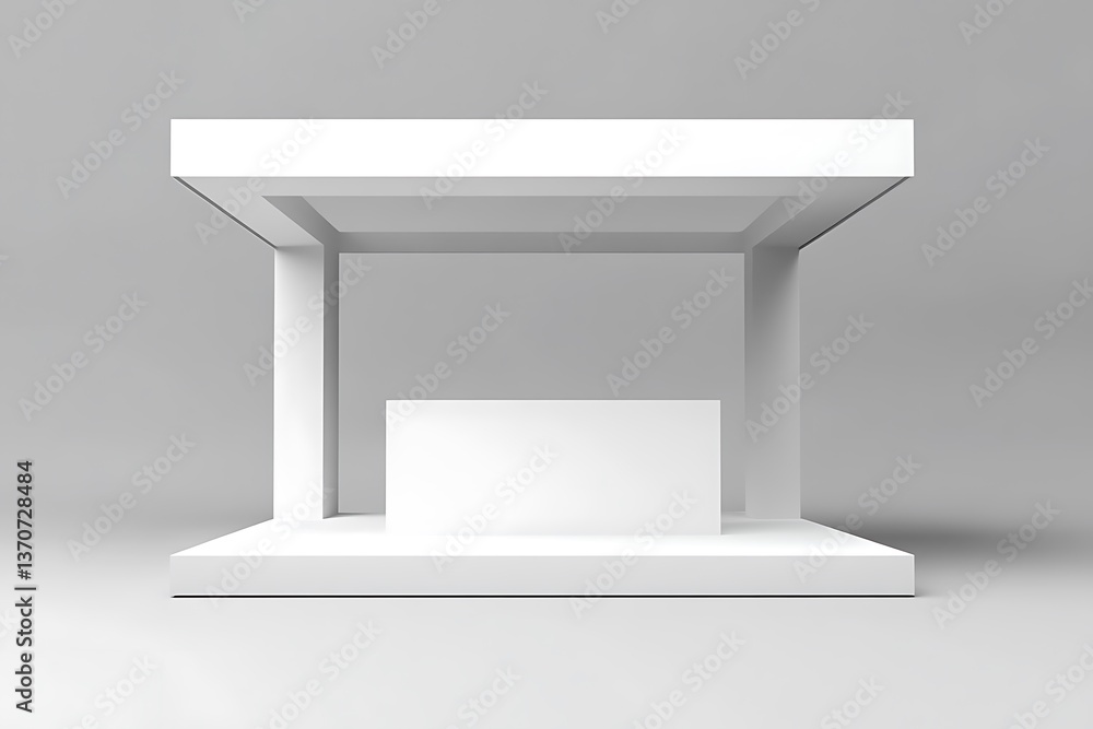 Poster empty minimalist exhibition booth design with white structure and platform on gray background