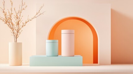 Pastel Colored Geometric Product Stand with Minimalist Design and Floral Accents