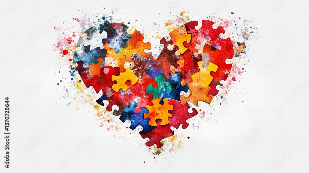 Poster heart shape is constructed from puzzle pieces with painted texture on a white background.
