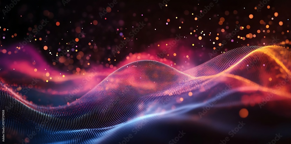 Poster abstract background featuring colorful, glowing light waves and connecting dots on a black backdrop,