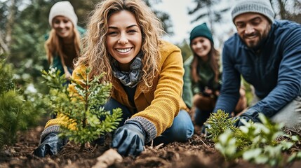 employees volunteering at a nature reserve as part of their CSR efforts copy space, focus on sustainability dynamic, composite in a forested area