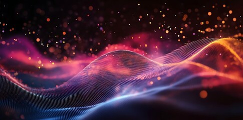 Abstract background featuring colorful, glowing light waves and connecting dots on a black backdrop, symbolizing digital data transfer and connectivity in a modern tech environment.