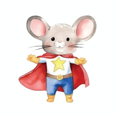 mouse super hero cute watercolors illustration on white background