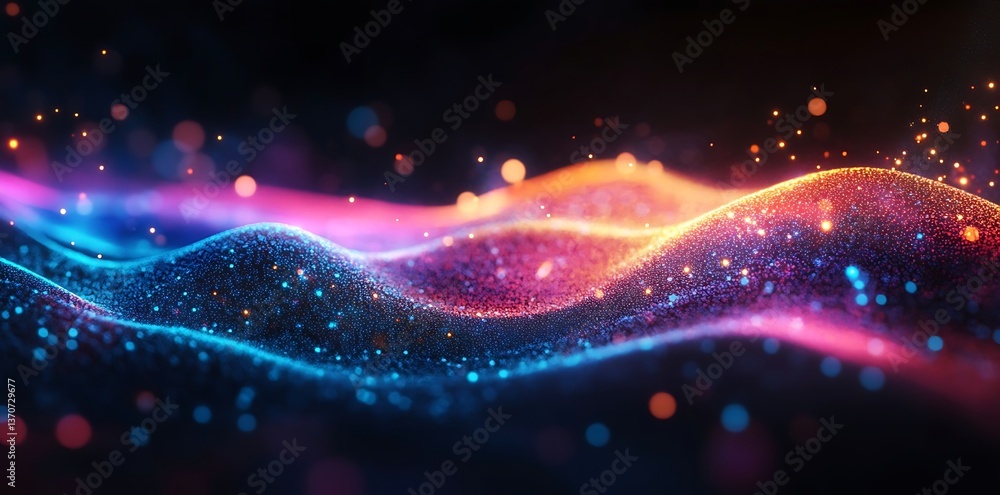 Poster abstract background featuring colorful, glowing light waves and connecting dots on a black backdrop,