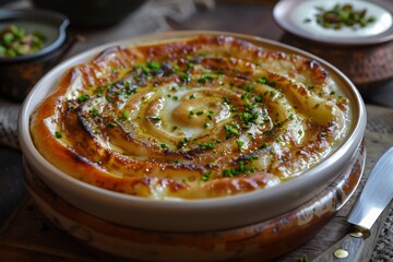 Malpua arranged in overlapping circles, sugar syrup glaze and rabri drizzle, garnished with crushed
