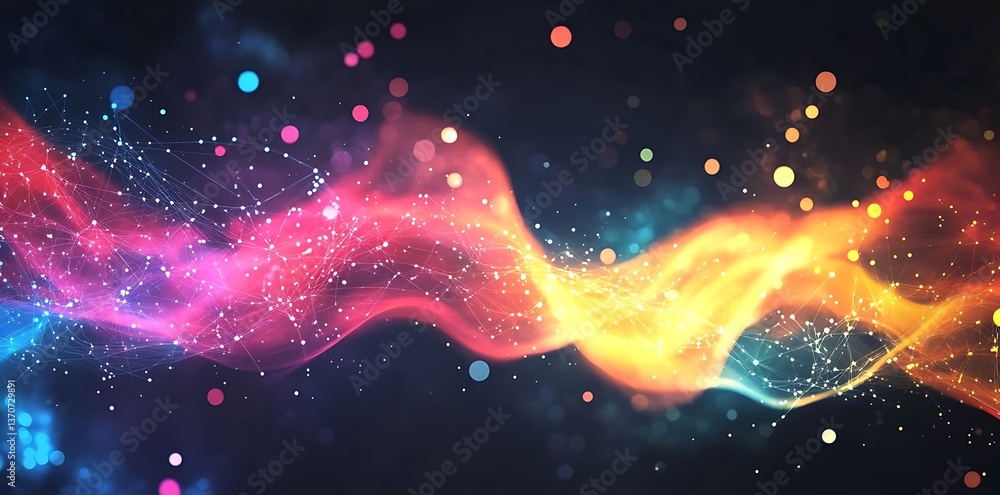 Poster abstract background featuring colorful, glowing light waves and connecting dots on a black backdrop,