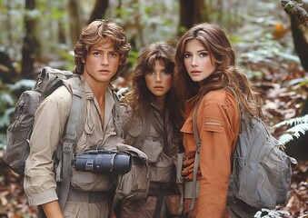 Three young people wearing backpacks in a forest environment