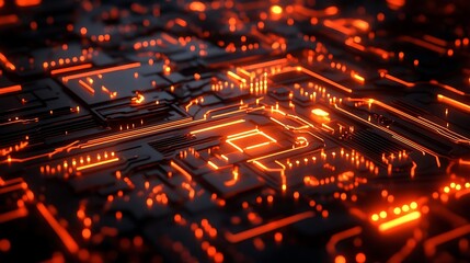Obraz premium 3D render of glowing data streams through high-tech computer circuits, featuring a striking orange and black color scheme, symbolizing technology and innovation.