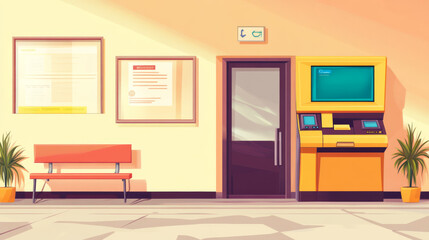 Bank office interior furniture with atm and counter cartoon set. Waiting hall clipart for financial department. Cash register table with monitor. Indoor bench for lounge in insurance business center
