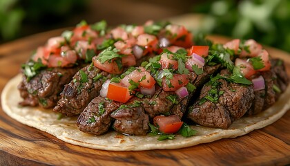 Deliciously cooked meat topped with fresh vegetables and herbs