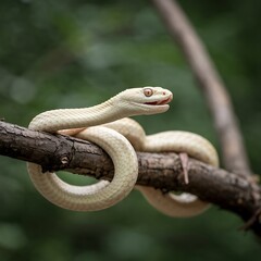 Fototapeta premium A captivating close-up of a pristine white snake gracefully positioned on a weathered tree branch.
