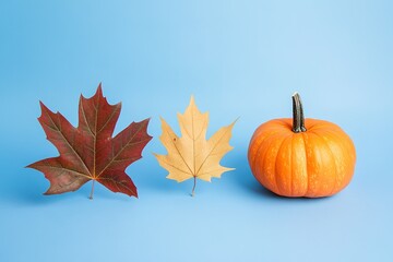 Happy Thanksgiving Day with maple leaves and pumpkin on blue background without text