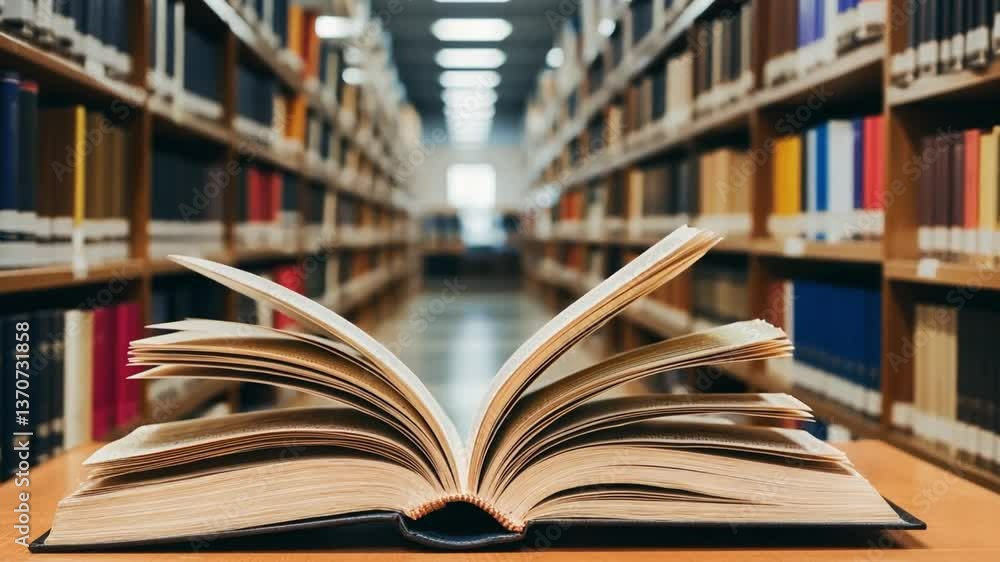 Poster open book on a wooden table in a library with bookshelves filled with colorful books and soft lighti
