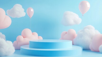 Colorful stage with blue background, pink balloons, and fluffy clouds for a creative event at a cheerful venue
