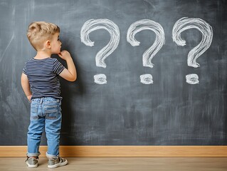 A young boy ponders questions drawn on a chalkboard