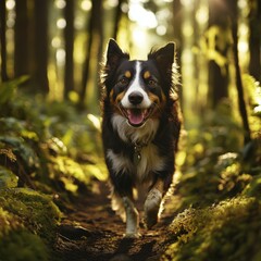 Fototapeta premium Dog enjoys a walk in a serene forest at sunset