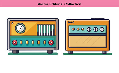 Vintage Vector Radio and Amplifier Illustration, A vector collection of a vintage radio and amplifier, featuring retro designs with buttons, dials, and classic style.
