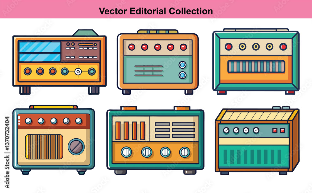 Poster retro vector radio collection with different designs, a colorful vector collection of retro radios w