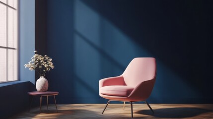 Cozy pink chair by a bright window in a modern interior design setting with blue walls