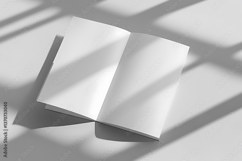 Poster minimalist open white paper sheets casting linear shadows on white surface top view