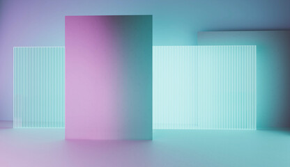 3d rendering of blue and purple neon glowing wall background. Scene for advertising, technology, showcase, banner, game, sport, cosmetic, business, metaverse. Sci-Fi Illustration. Product display