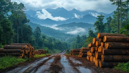 Heart-wrenching photograph capturing deforestation in Thailand, depicting felled trees and abandoned woodcutting equipment scattered on the ground, set against a backdrop of majestic mountains.