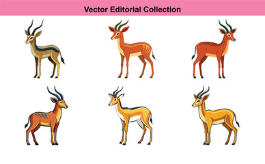 Vector Illustrations of Antelopes in Various Poses, A collection of vector illustrations showcasing antelopes in different poses, emphasizing their graceful movements and natural beauty.
