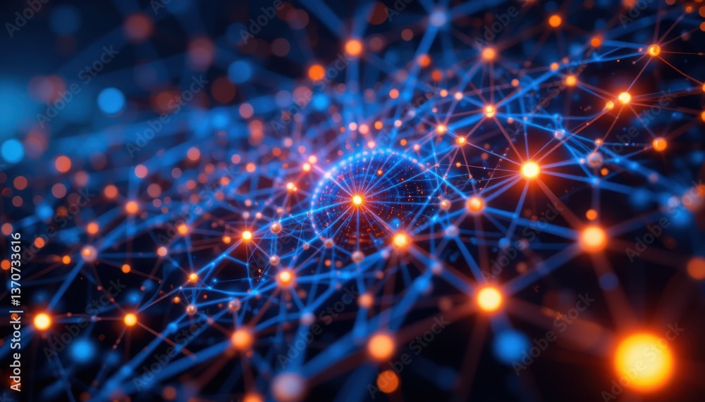 Poster futuristic network glowing nodes and interconnected lines in deep blue and orange