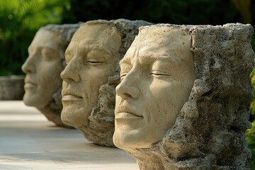 Fototapeta premium Stone faces. Row of carved heads in light. Serene expressions. Sculptures