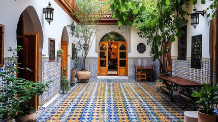 Exploring Moroccan Riad Courtyard with Intricate Tilework and Lush Greenery