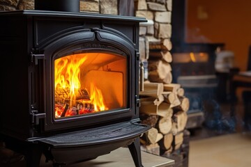 Cozy indoor setting with a wood burning stove and a stack of firewood nearby